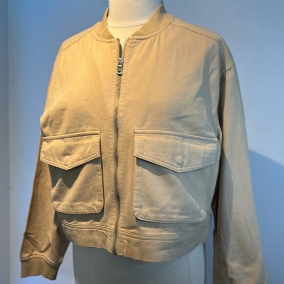 Nicole Miller New York tan/camel 100% cotton cropped denim zip jacket size L NWT - Picture 2 of 11
